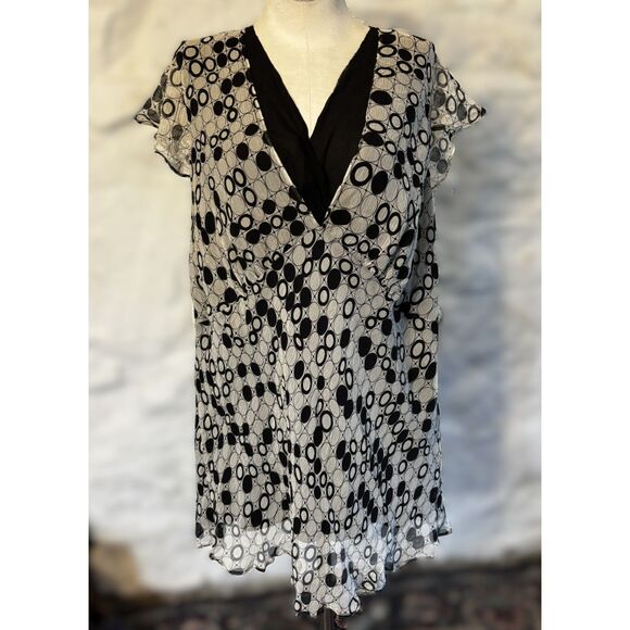 Alfani Woman Tops - Alfani Woman 100% Silk Sheer Overlay Blouse Black White Geometric Dot 18W